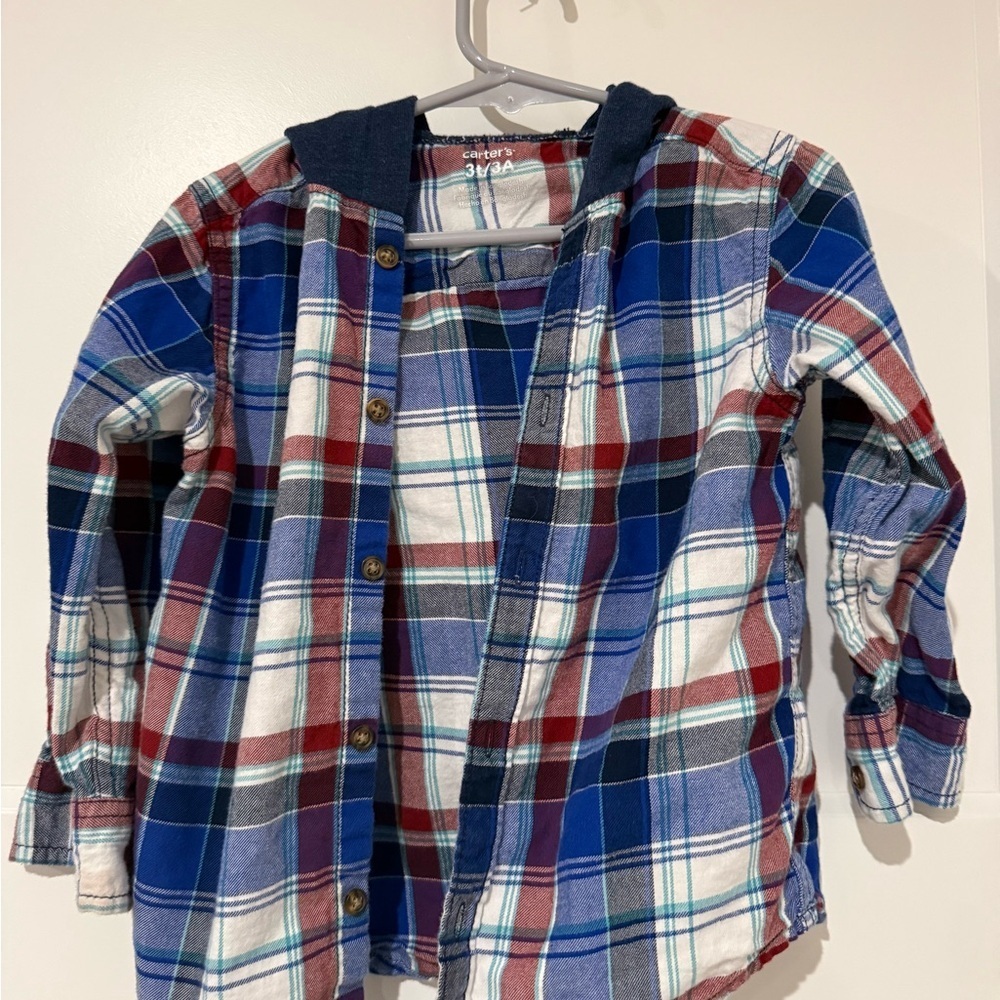 Carter's Boys Plaid Hooded Button-Up Shirt - Blue & Red - Picture 3 of 5